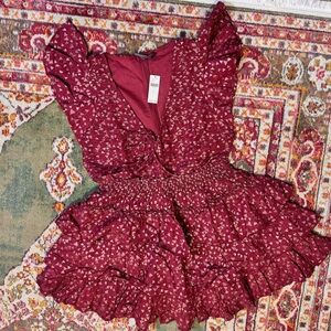 Anthropologie Short Sleeve Glittery Burnt Orange / Rust Red Ruffle Mini Dress